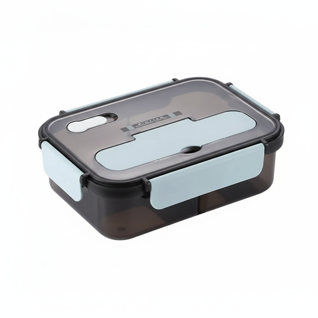 Blue FlowBox lunch box showing leak-resistant lid and compact design.