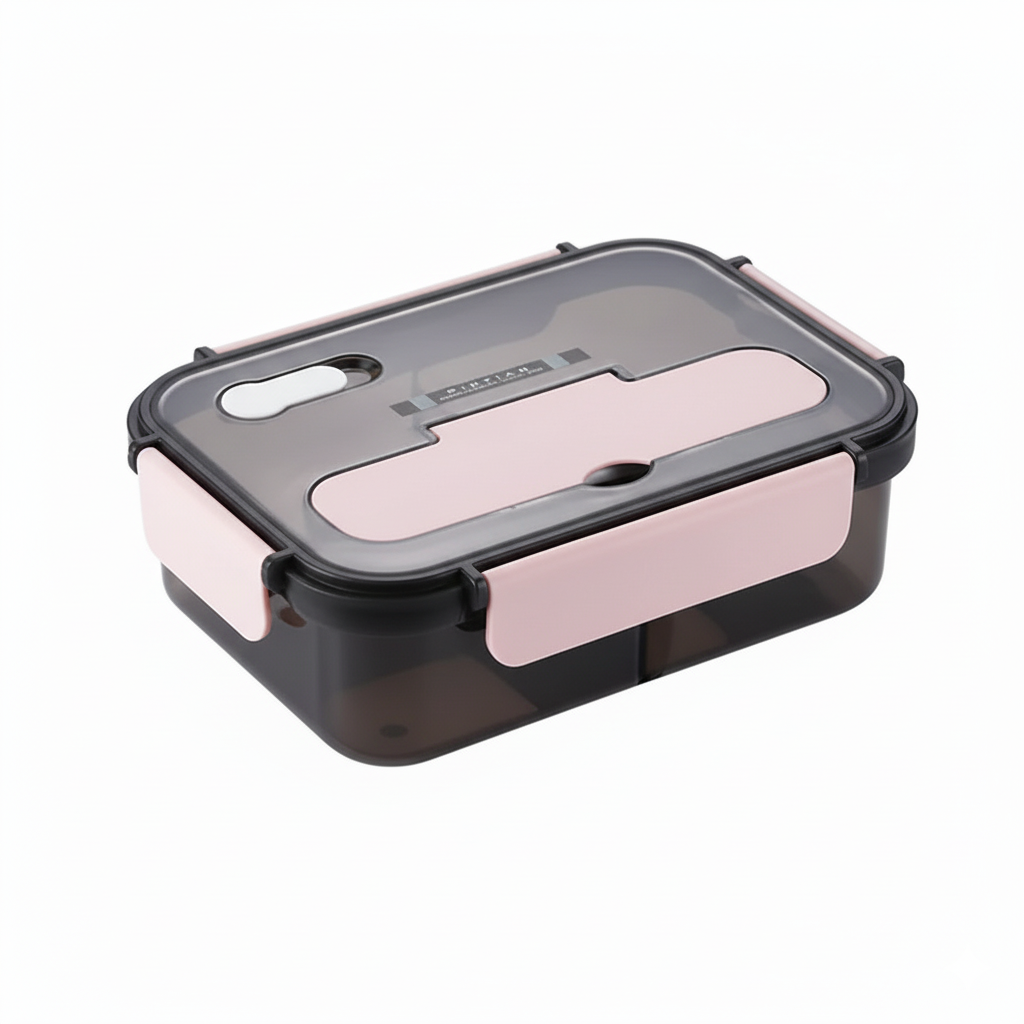 Pink FlowBox lunch box highlighting secure sealing and dual compartments.