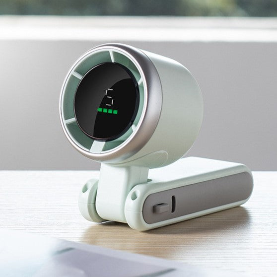 Green portable foldable fan with modern design and digital screen.