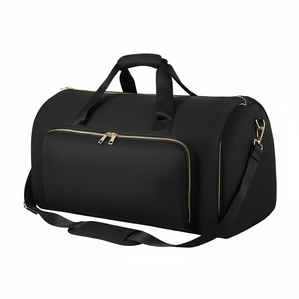 Black travel suit duffel bag with front zip pocket and shoulder strap.