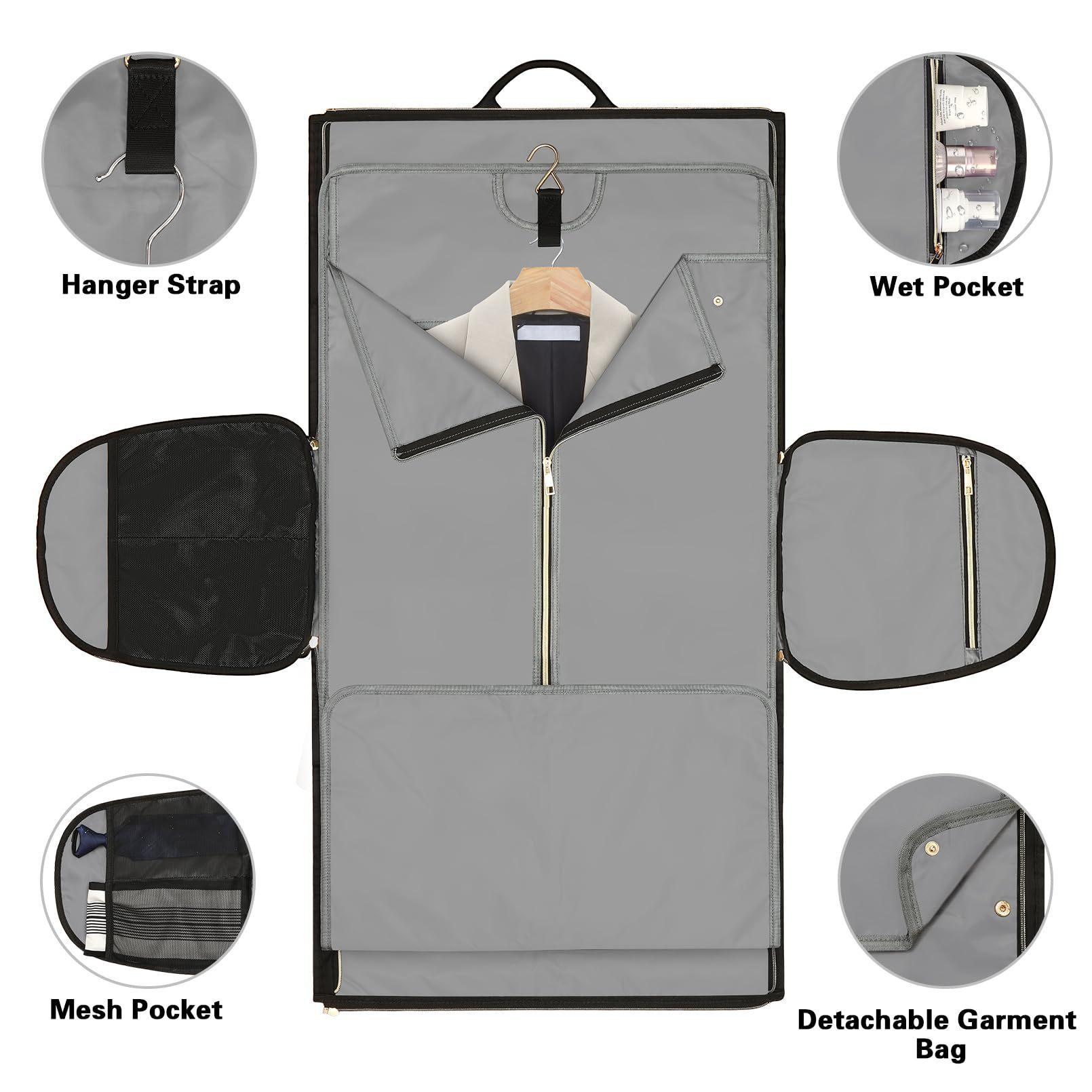Travel suit duffel showing hanger strap, wet pocket, mesh pocket, and detachable garment zone.