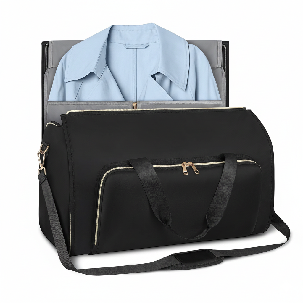 Travel suit duffel packed with clothing, showing front compartment and clean design.