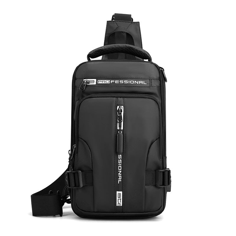 Urban crossbody backpack in black showing sleek water-resistant finish.