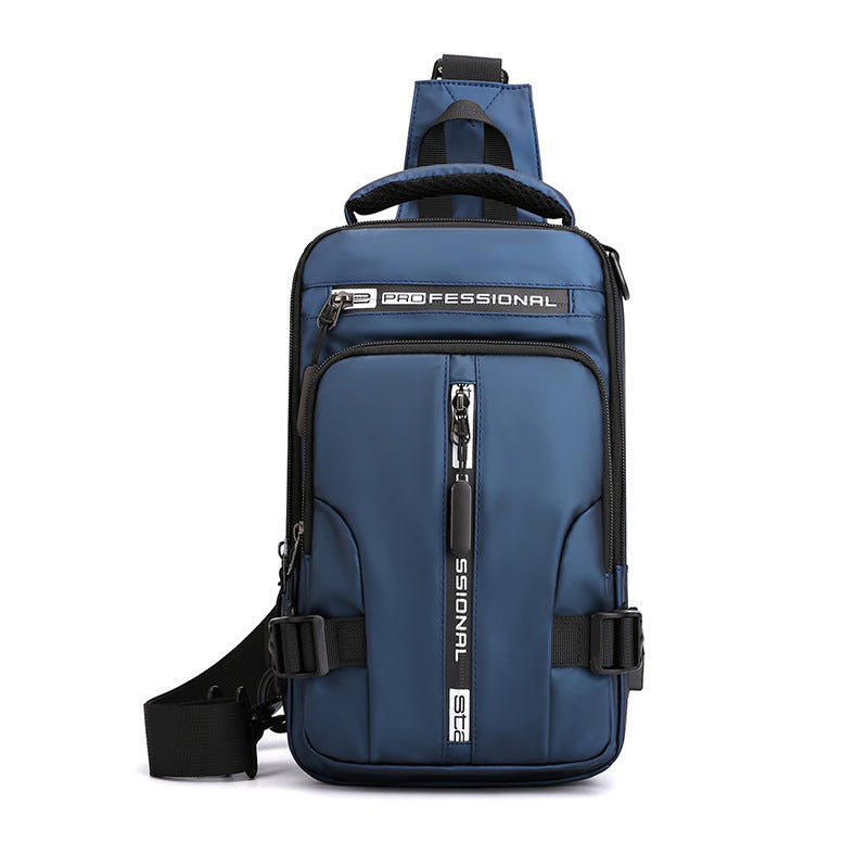 Urban crossbody backpack in blue with contrast zip details and shoulder strap.