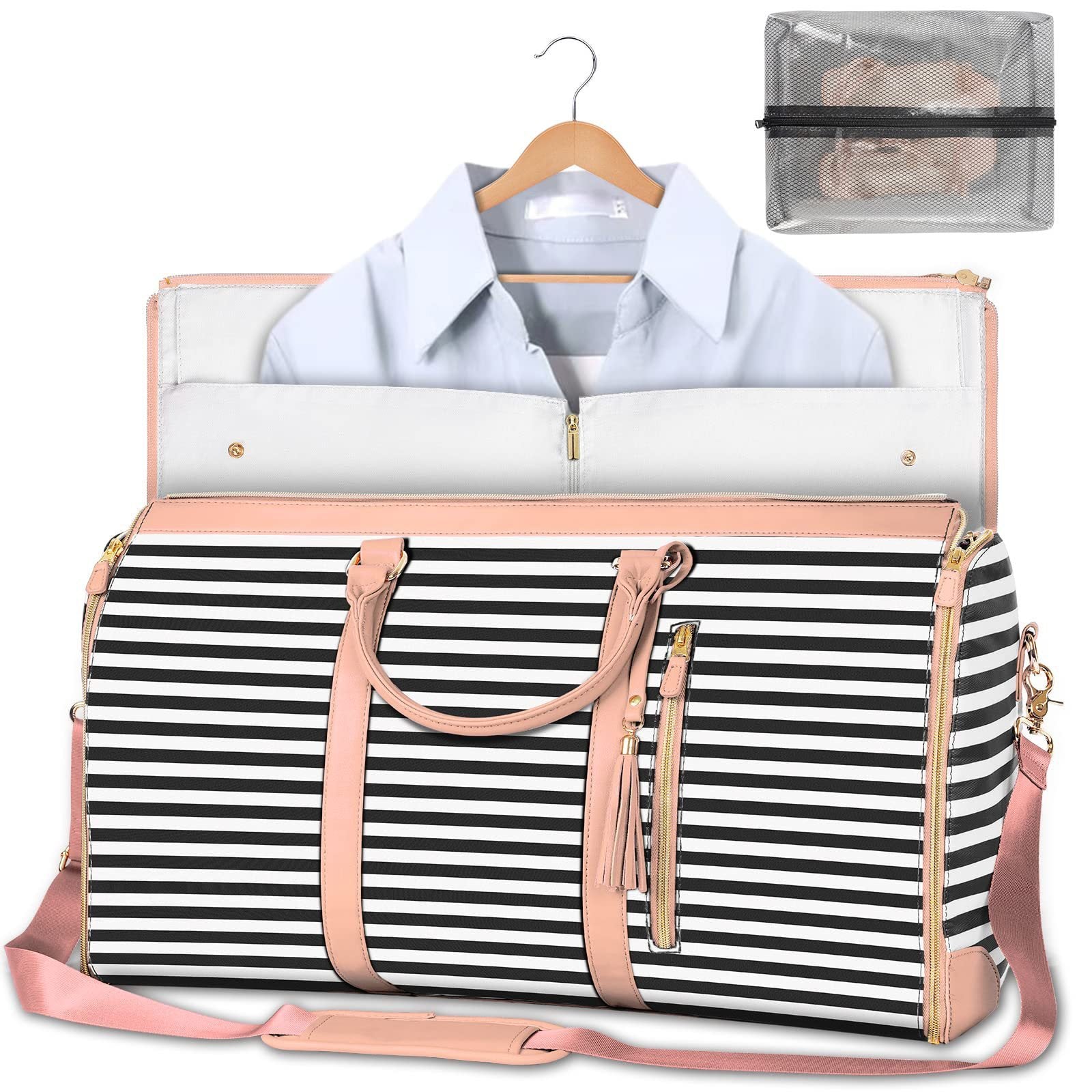 Weekender suit duffel with bold black and white striped exterior and tan handles.