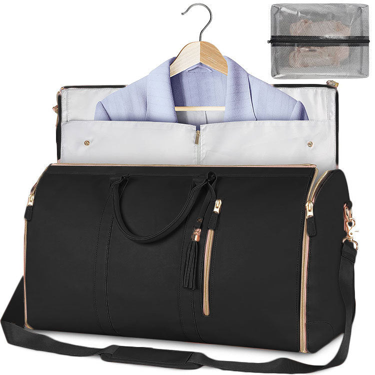 Black weekender suit duffel with front zip pocket and garment hanger insert.
