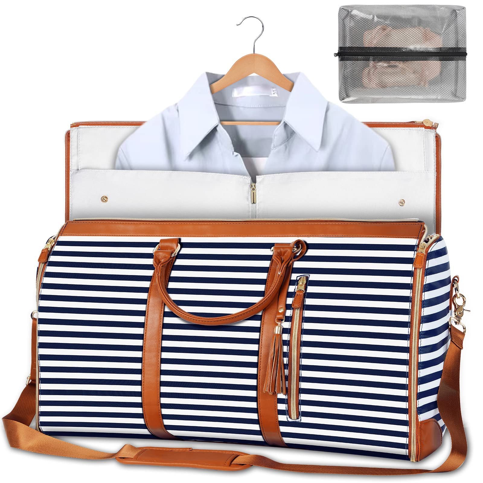 Weekender suit duffel with navy and white striped exterior and tan handles.