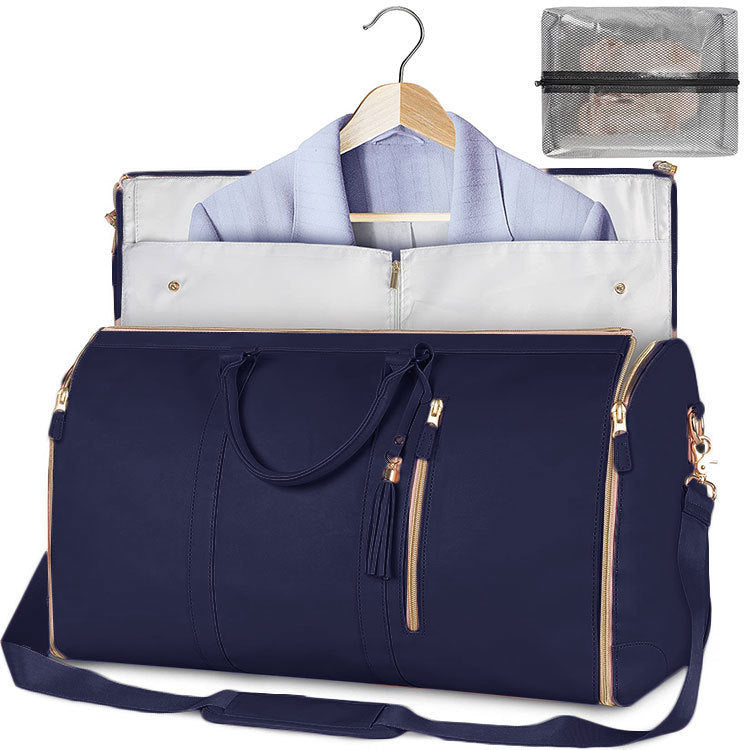 Solid blue weekender suit duffel with structured body and garment holder.