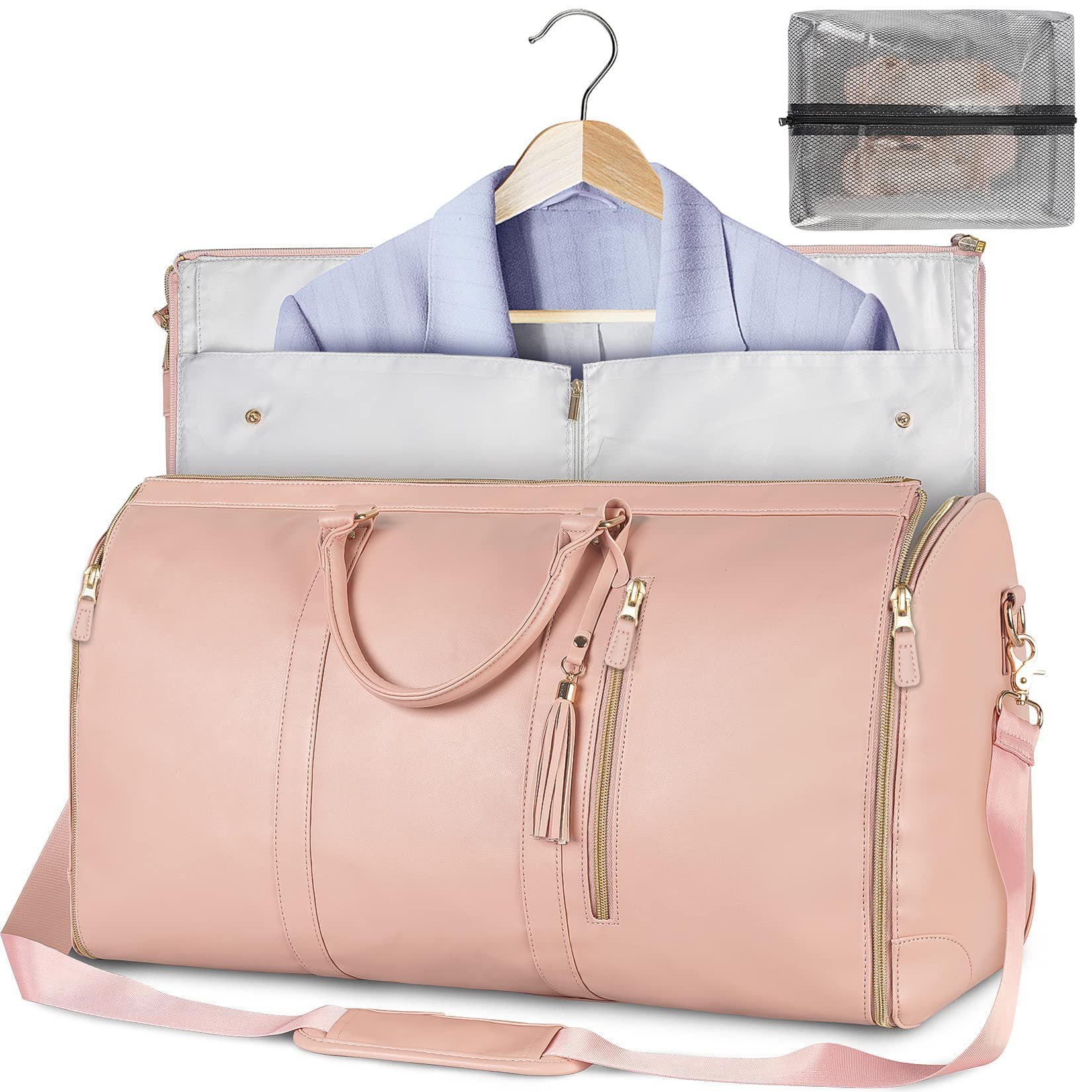 Pink weekender suit duffel with matching strap and gold-tone hardware.
