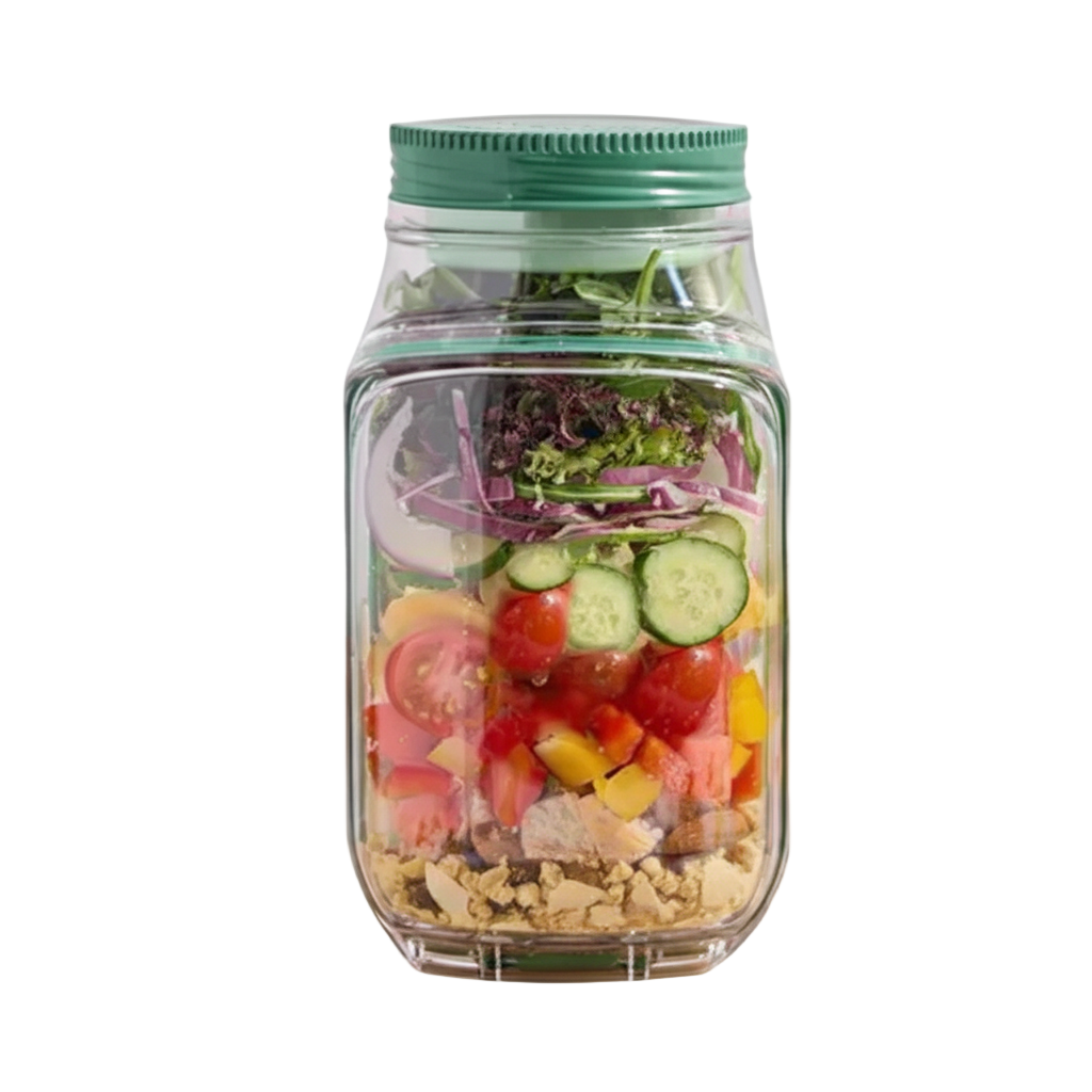 FlowFresh salad pod filled with vegetables and greens, leak-proof portable container.