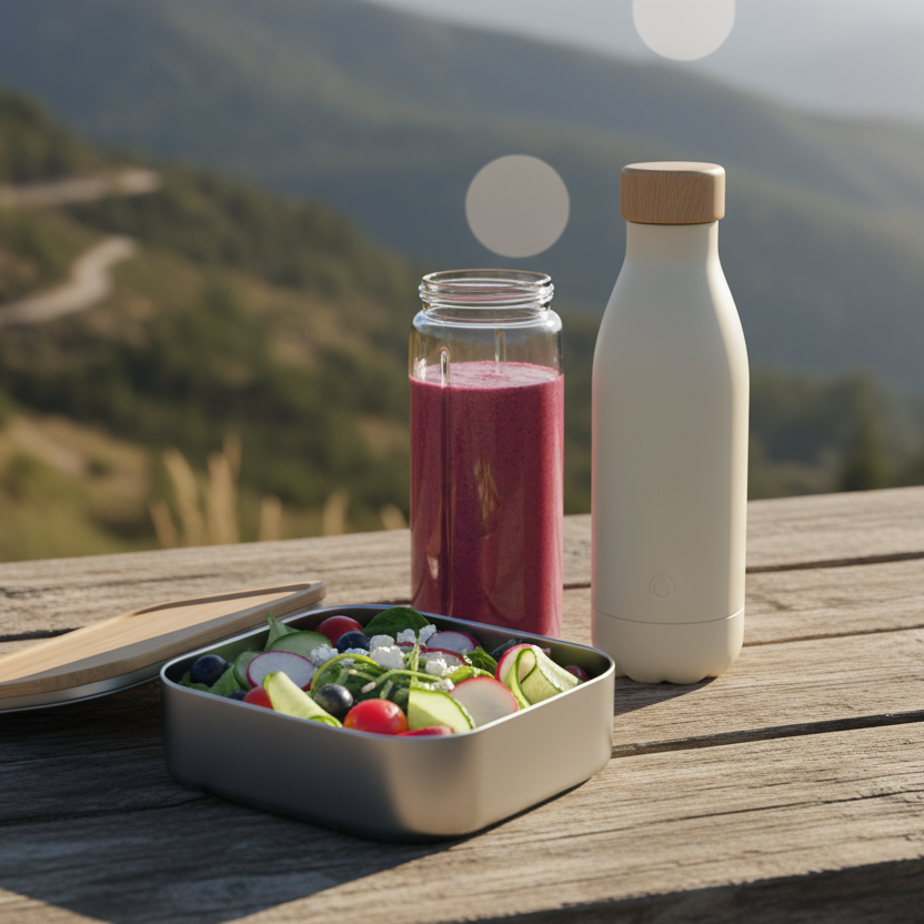 Healthy outdoor lunch scene with a smoothie, reusable bottle, and fresh salad bowl on a wooden table overlooking the mountains — Flow Fuel Collection by Rivvera.