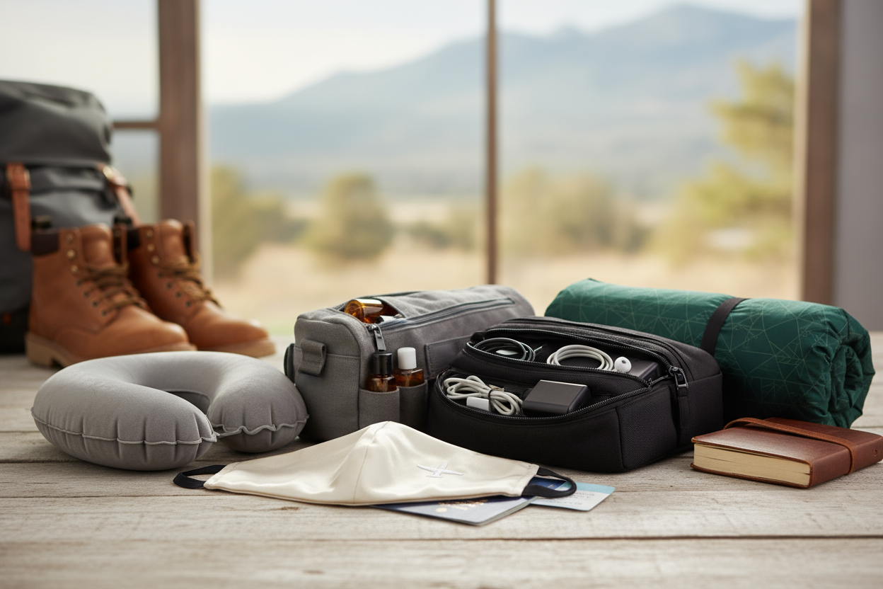 Neatly arranged travel essentials including organizer bags, toiletries, cables, and a sleep pillow on a wooden surface with mountain scenery — Flow Gear Collection by Rivvera.