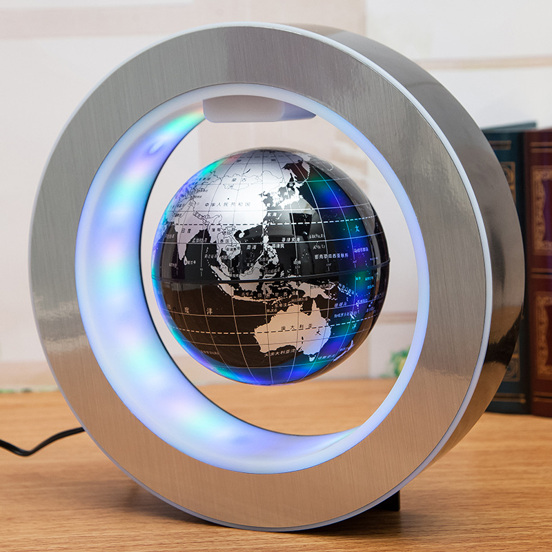 Floating illuminated globe shown inside a circular LED frame from an angled perspective.