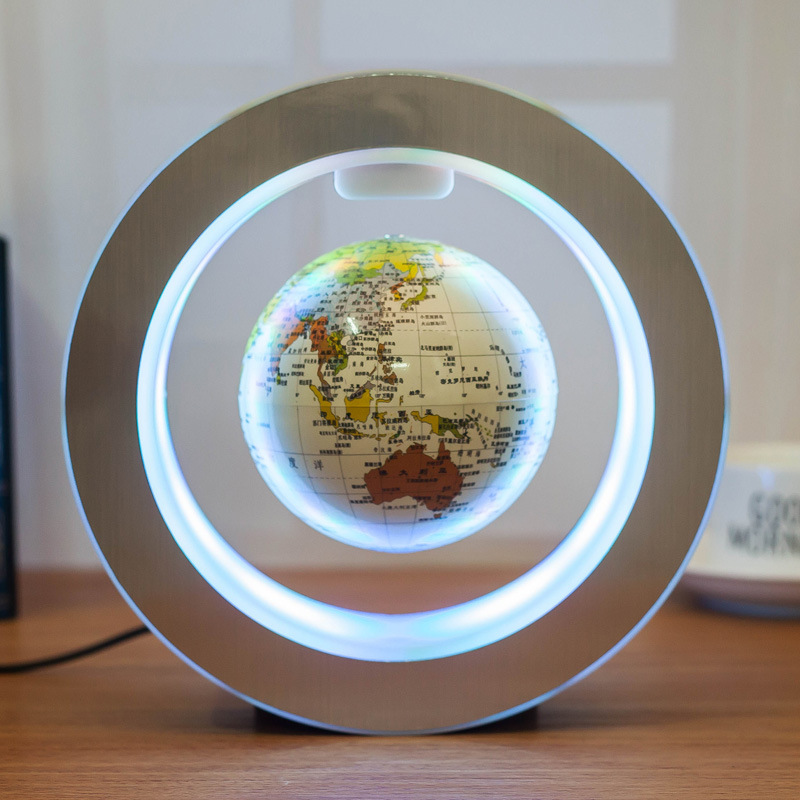 Floating globe with a white world map design levitating at the center of the LED ring.