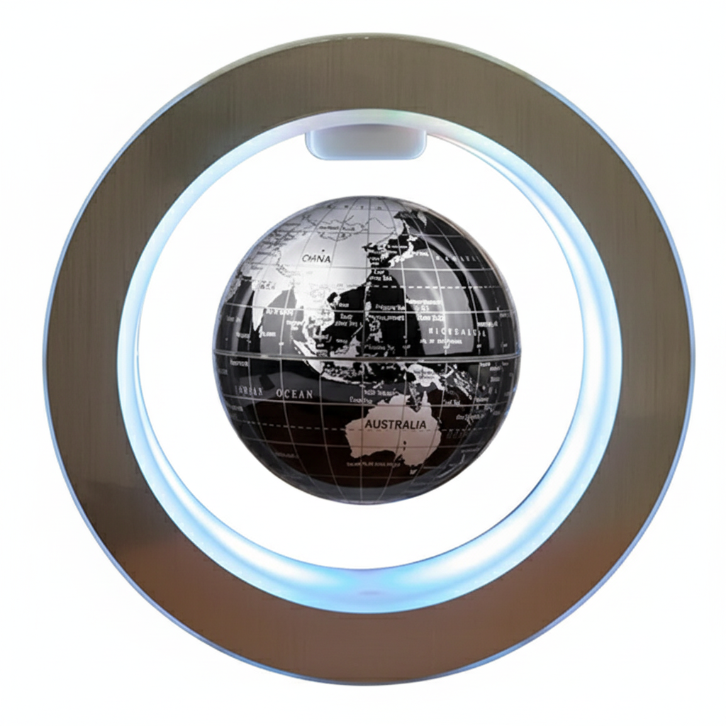 Front-facing view of the levitating globe displayed within a circular LED frame.