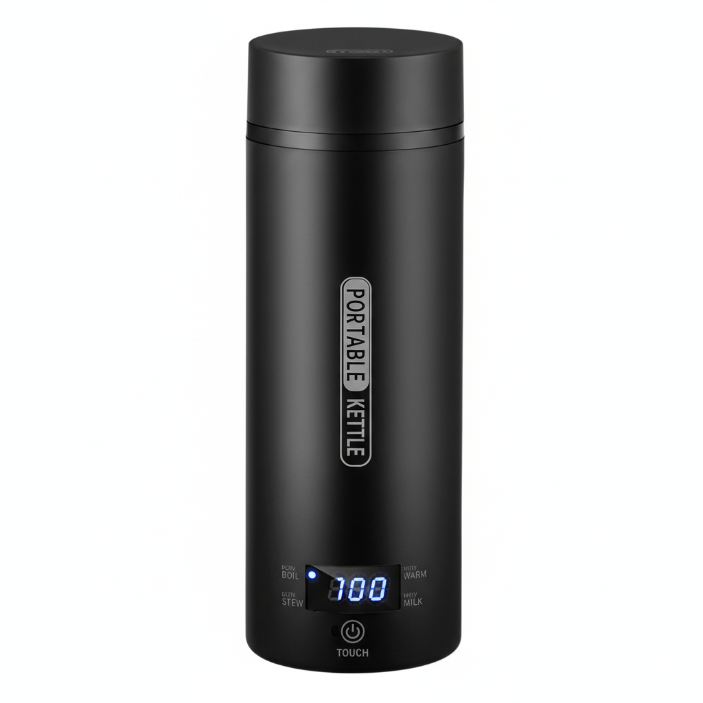 Compact black electric travel kettle with digital temperature display.