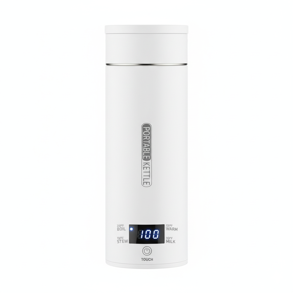 Compact white electric travel kettle showing digital screen and sleek body.