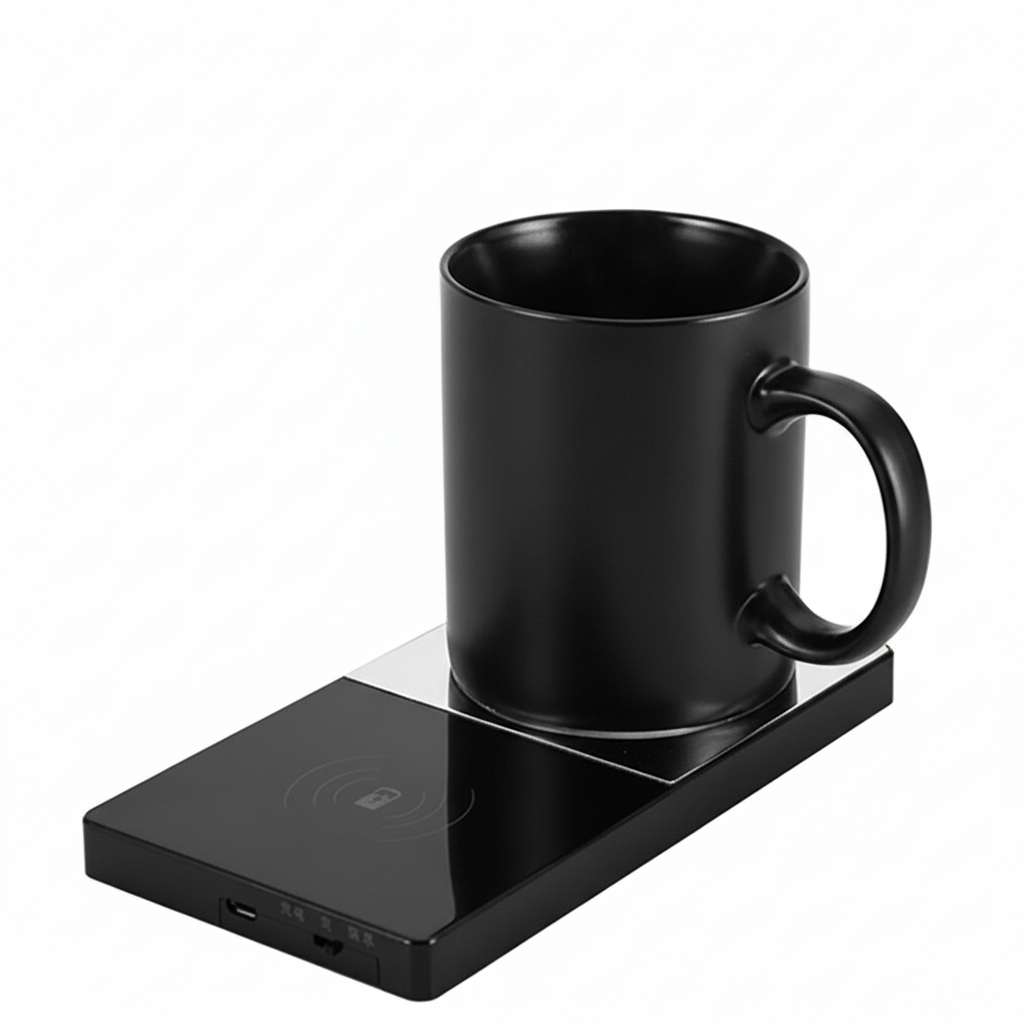 Black smart mug warmer heating a mug with wireless charging area visible.