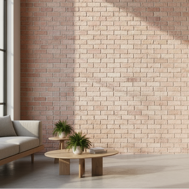 Sunlit minimalist living space with a light brick wall, modern sofa, wooden coffee tables, and small indoor plants — Flow Home Collection by Rivvera.
