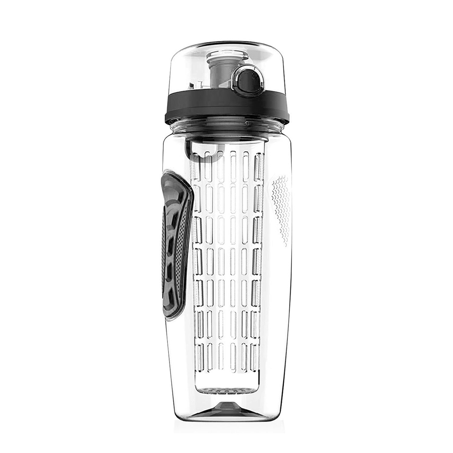 Black-lid fruit infuser water bottle with full-length basket.