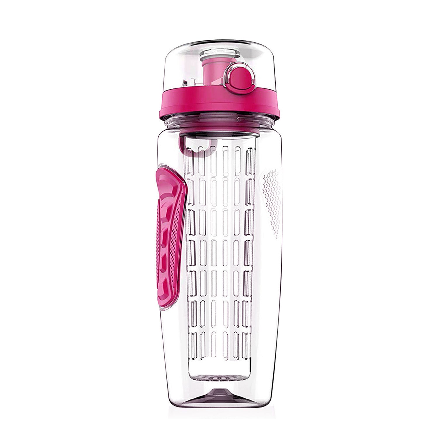 Pink-lid fruit infuser water bottle with removable infusion basket.