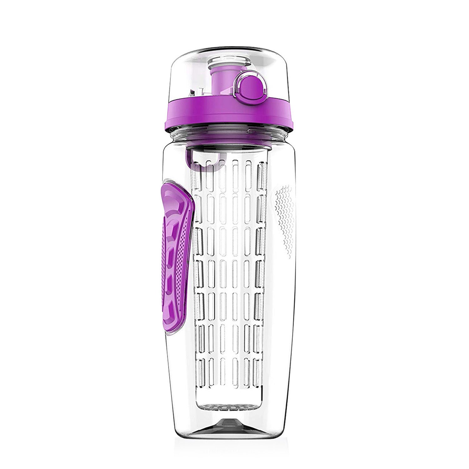 Purple-lid fruit infuser bottle with anti-slip grip handle.