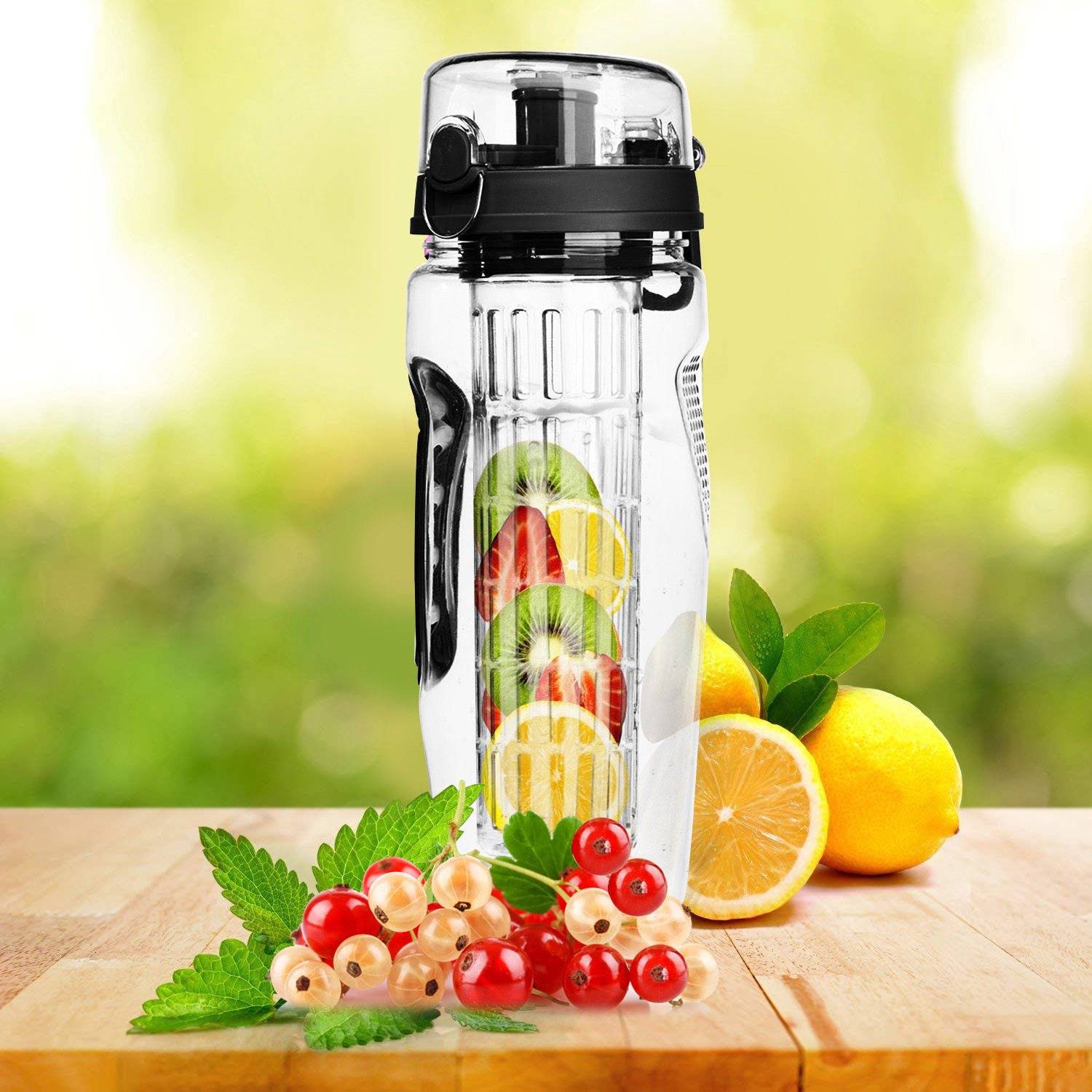 Fruit-infused water bottle outdoors with fresh fruit ingredients.