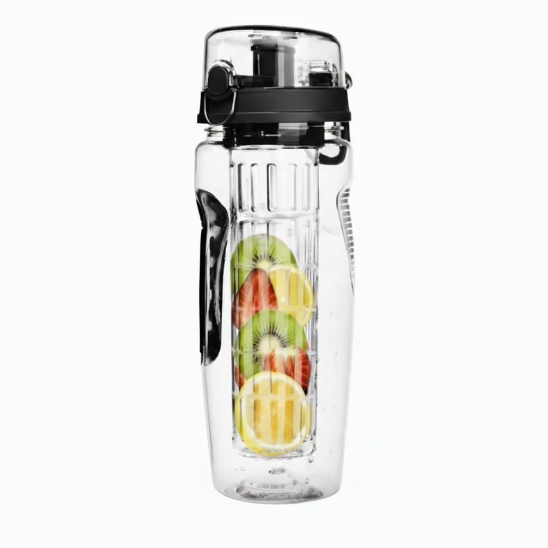 Black-lid fruit infuser water bottle with full-length basket.