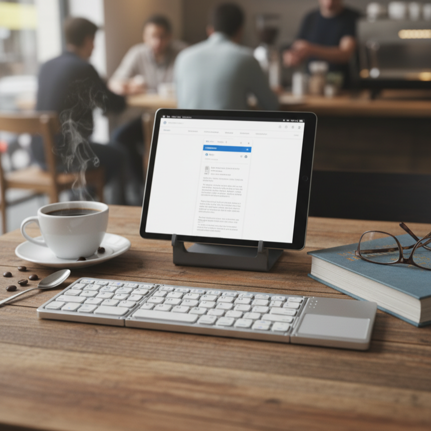 Tablet on a stand with portable keyboard and coffee cup on a wooden table in a café setting.