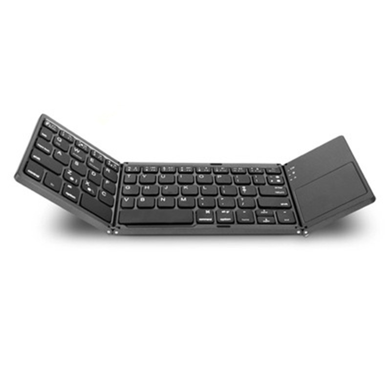 Foldable wireless keyboard in black color shown fully opened on white background.