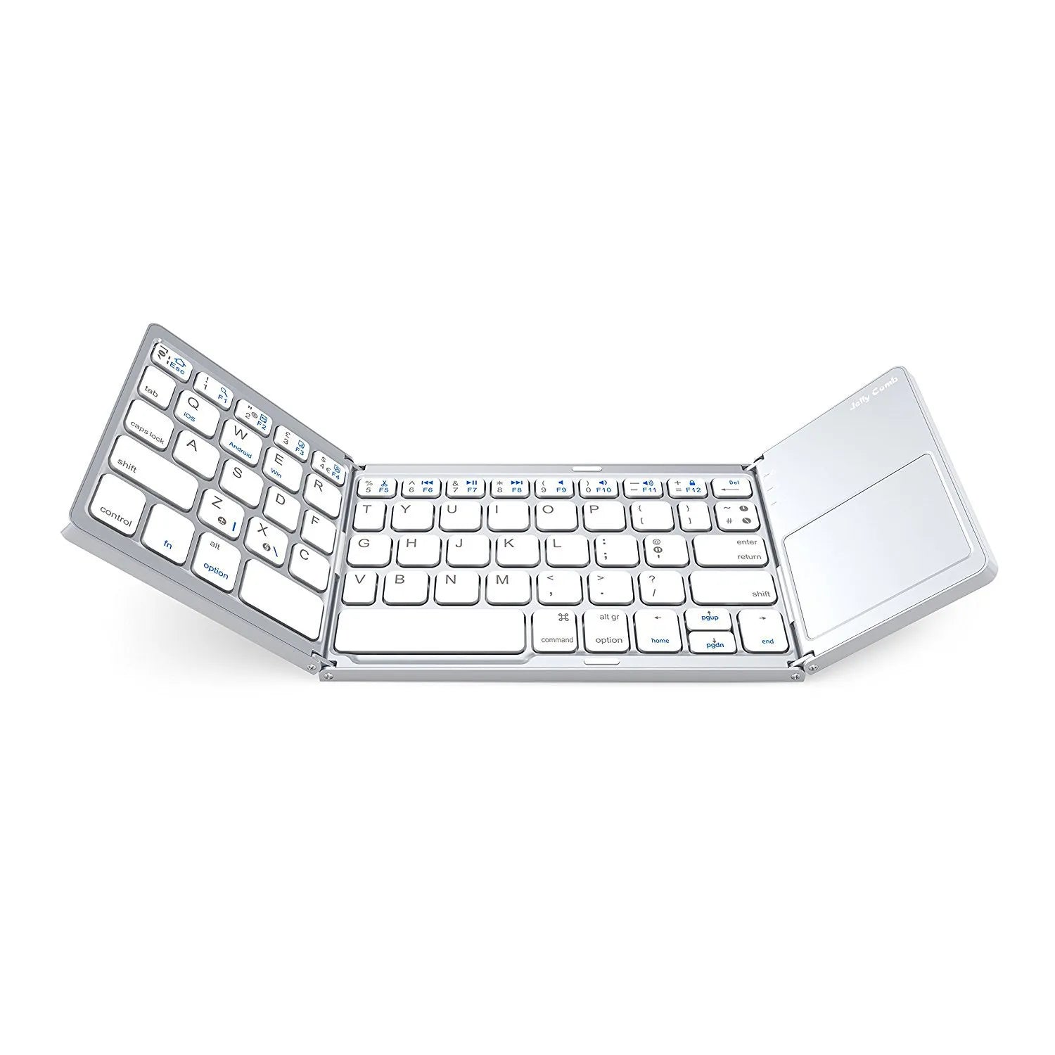 White foldable Bluetooth keyboard opened to show full key layout.