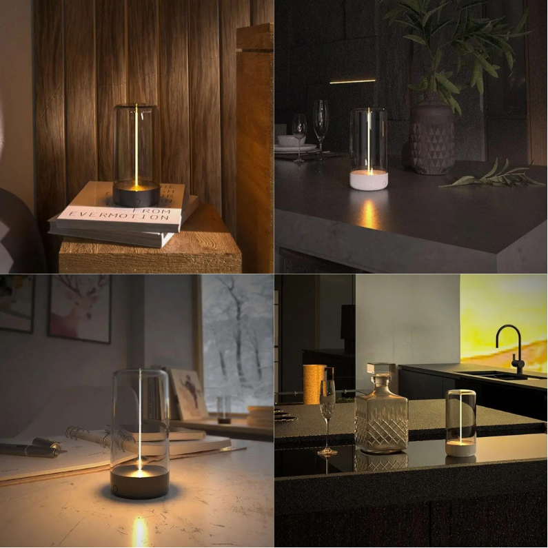 Grid showing lamp used as desk light, bedside accent, bar light, and living-room ambient lighting.