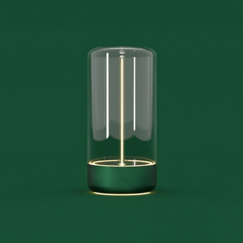 Grey-green variant of lamp glowing softly on dark green background.