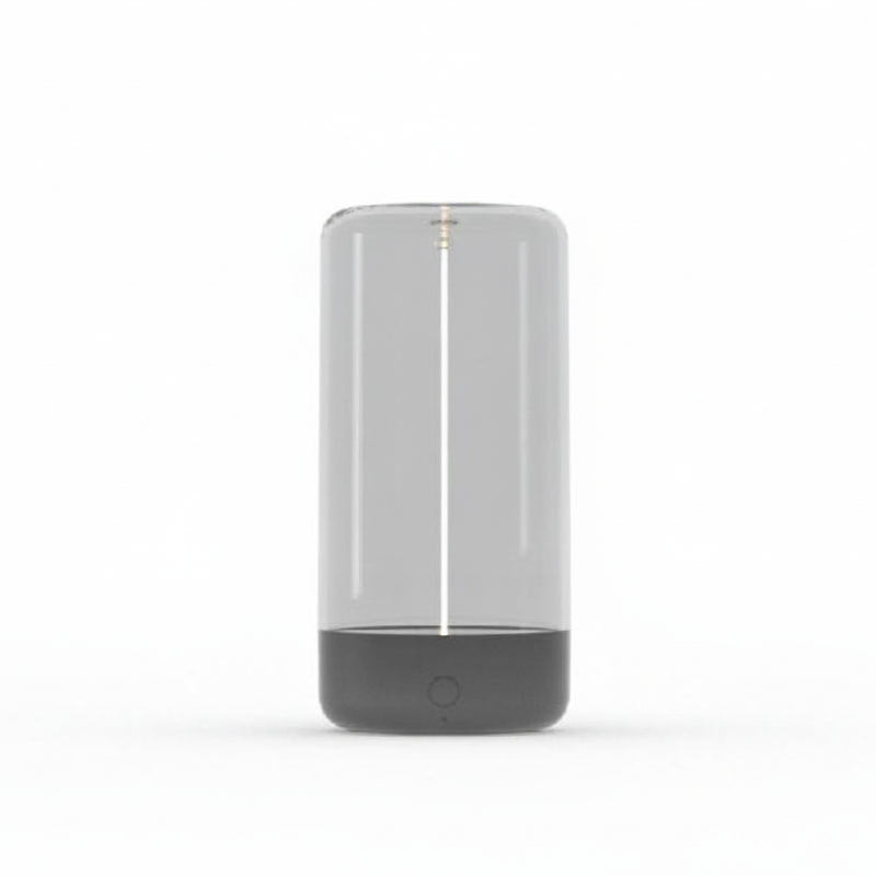 Compact cylindrical ambient lamp in matte grey with vertical filament design shown on white background.
