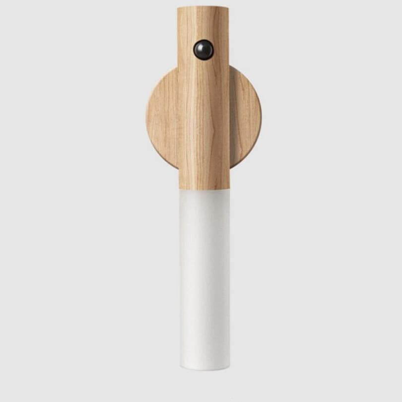 Wall-mounted LED stick light with light wood base and slim white light bar.