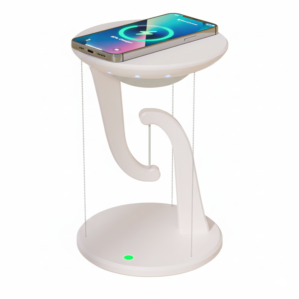 Smartphone resting on the suspended top platform while wirelessly charging.