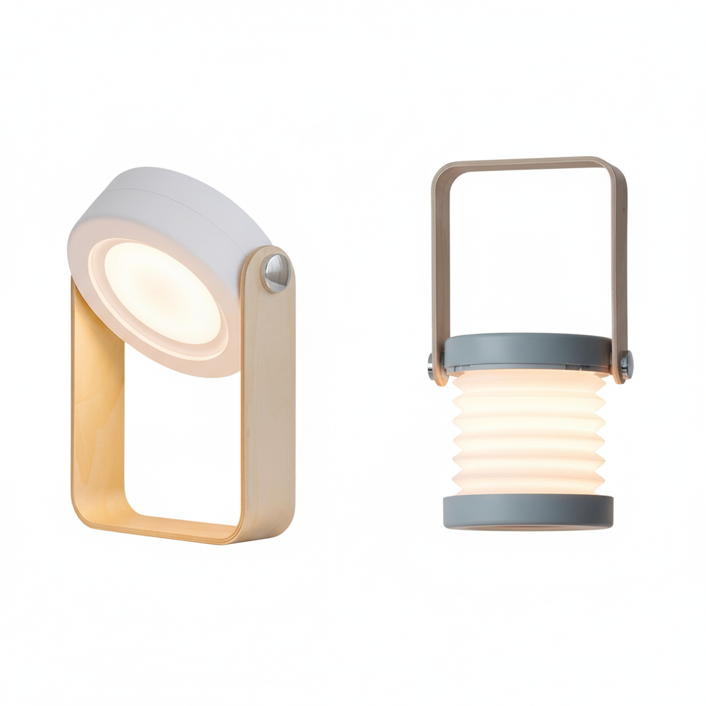 Modern collapsible lantern with wooden handle and soft white glow shown on white background.