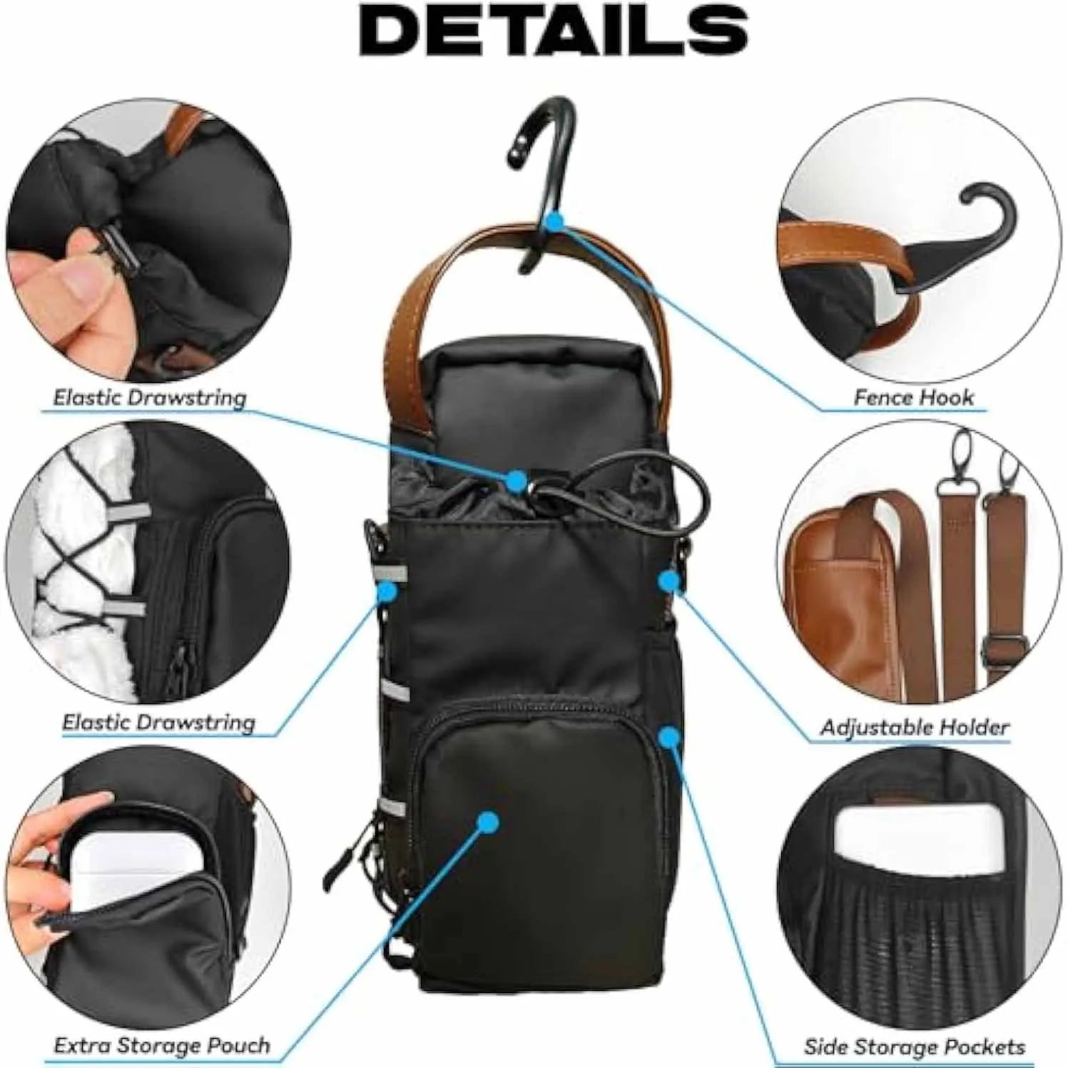 Labeled view of FlowMag magnetic bottle bag with adjustable strap, side pockets, and elastic drawstring.