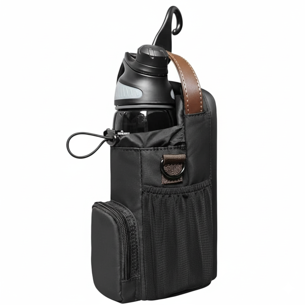 FlowMag magnetic bottle bag attached to gym rack using magnetic base, holding water bottle securely.