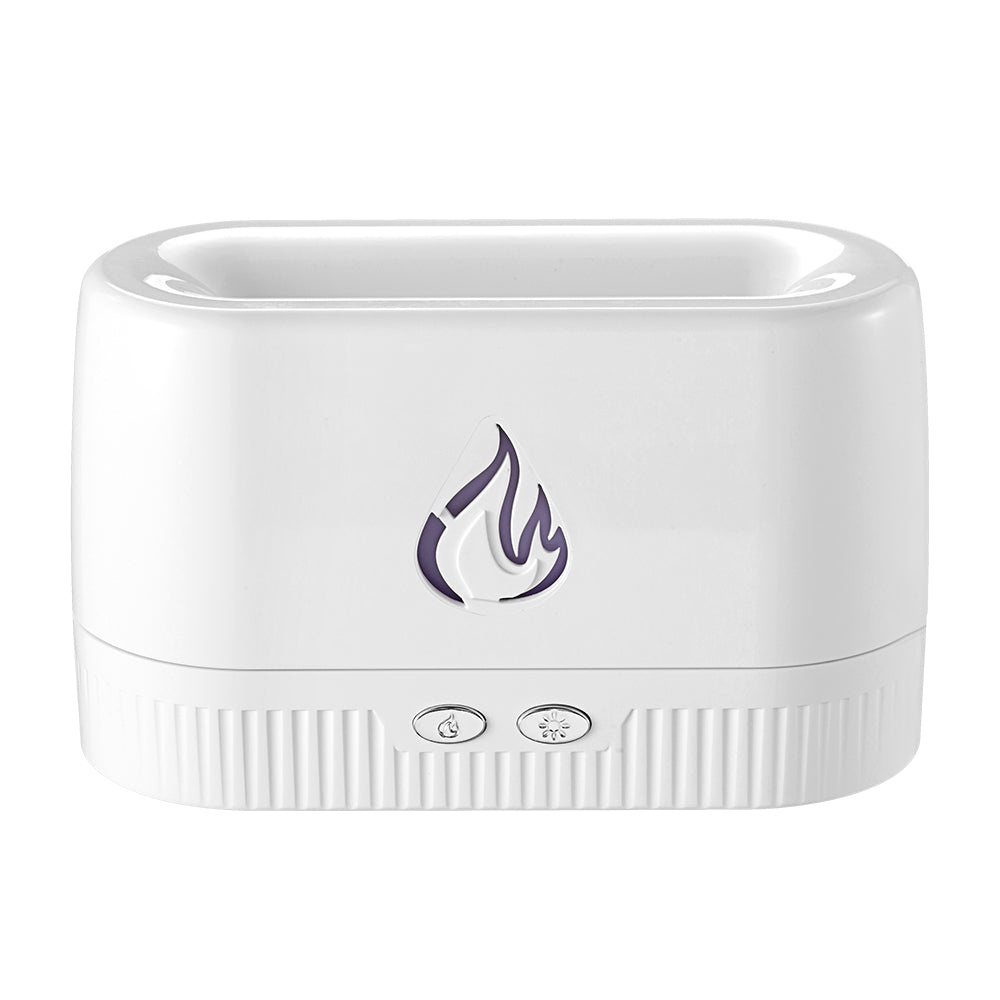 White flame-effect humidifier with illuminated flame icon on the front.