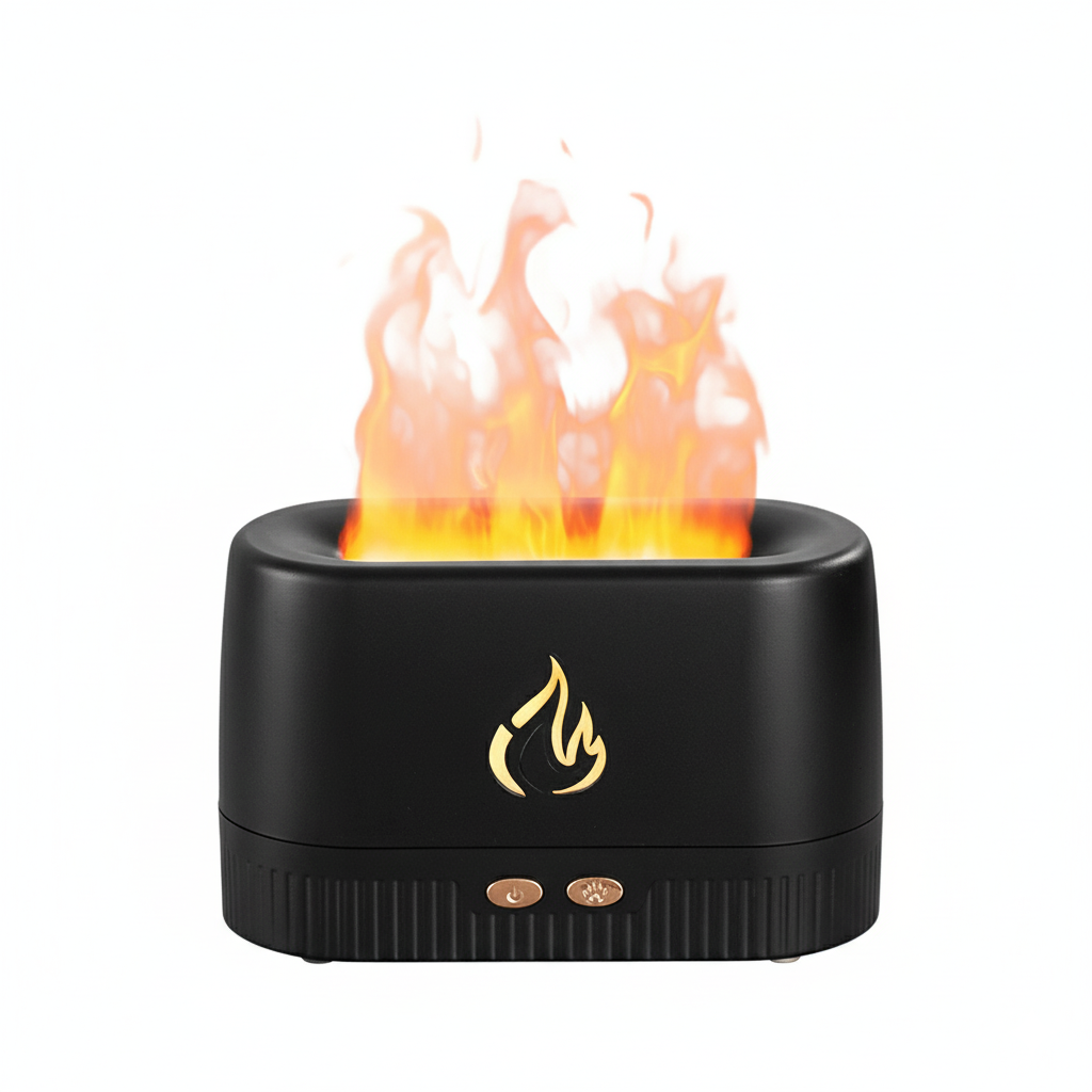 Front view of humidifier producing vivid flame-style LED lighting.