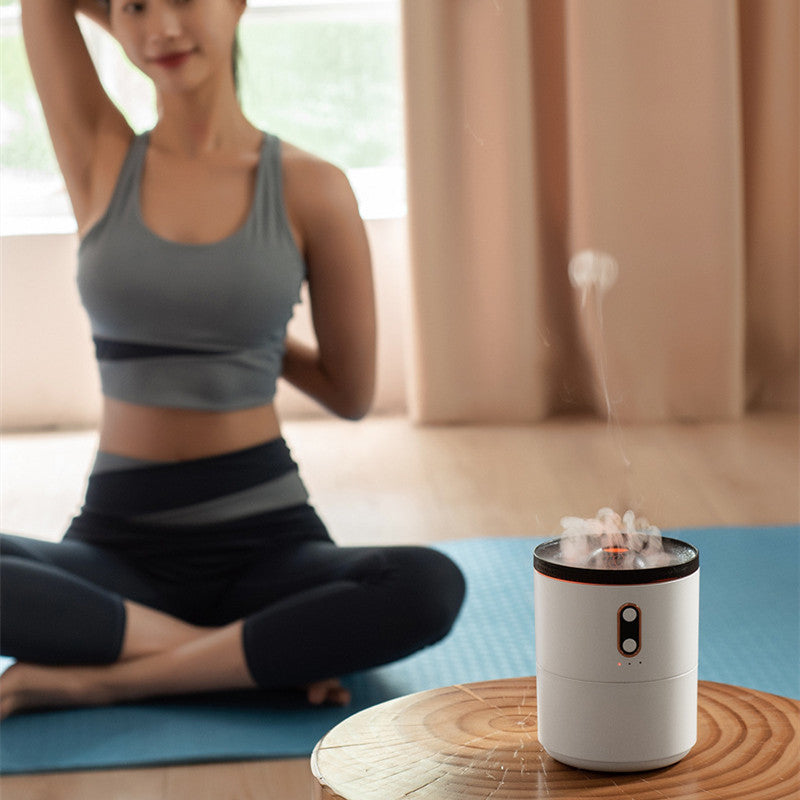 Humidifier operating beside a person practicing yoga in a bright, calm room.