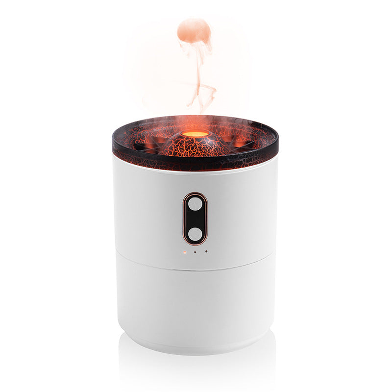 Front-facing view of the cylindrical humidifier with volcanic-style mist rising from the top.
