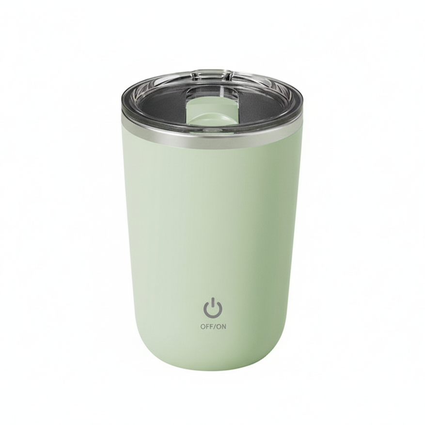Light green auto-stir cup with one-touch mixing button and transparent lid.