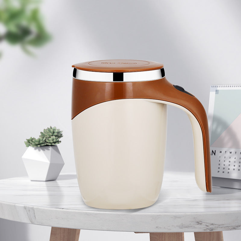 Coffee-colored automatic self-stirring mug with ergonomic handle, battery-powered.