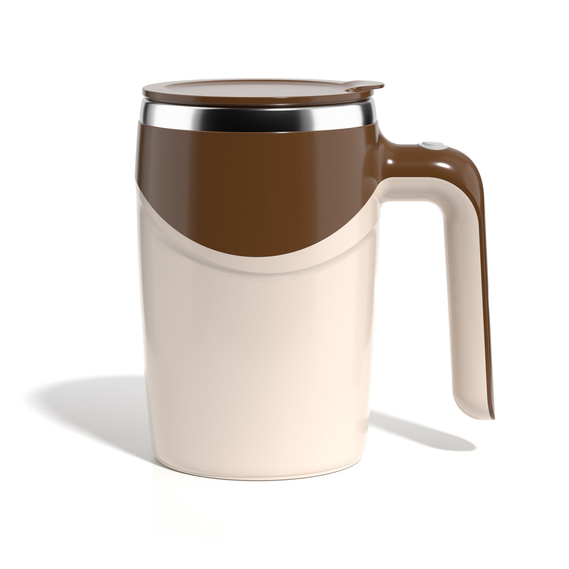 Coffee-colored auto-stir mug featuring USB charging port and modern design.