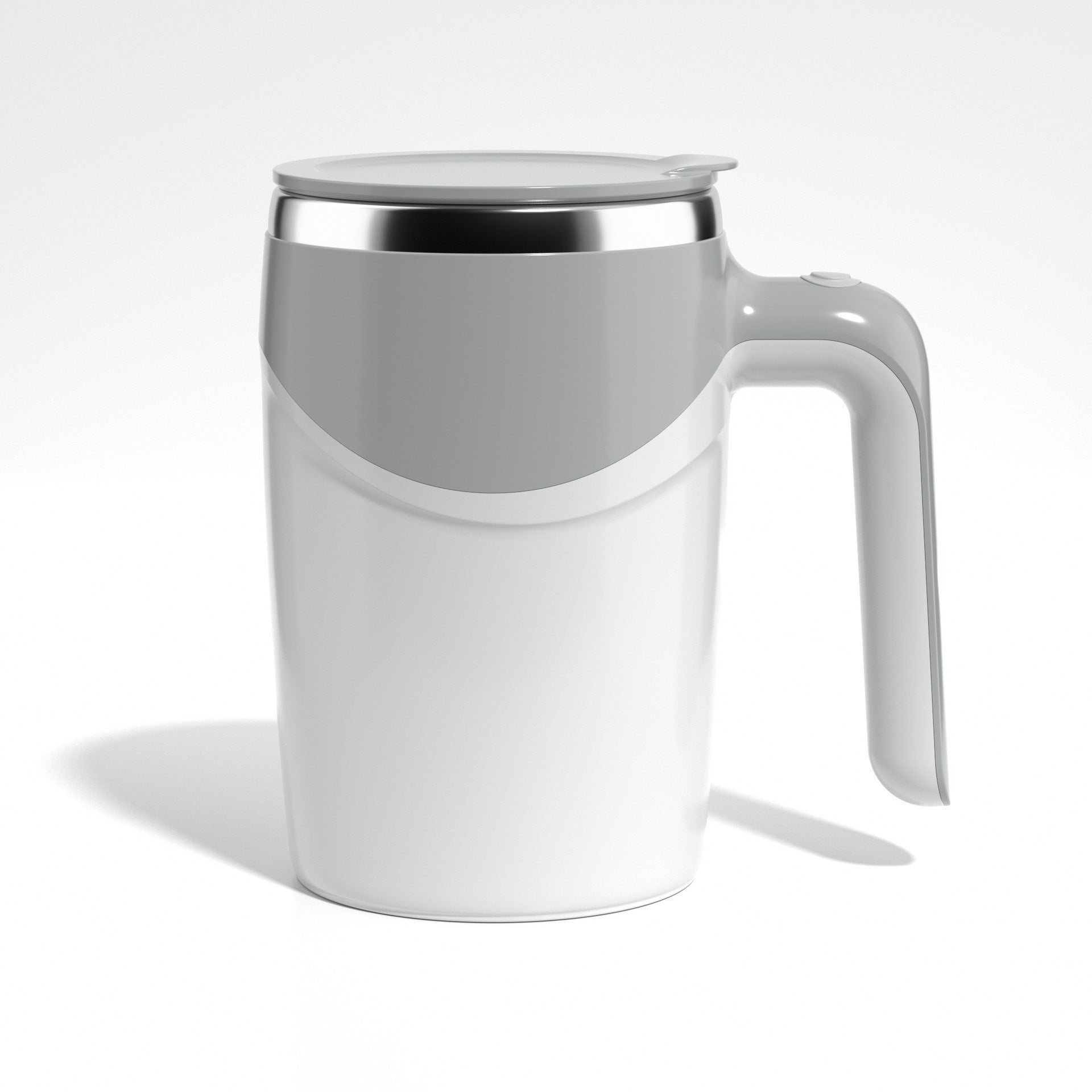White auto-stir mug with USB charging feature and glossy lid.