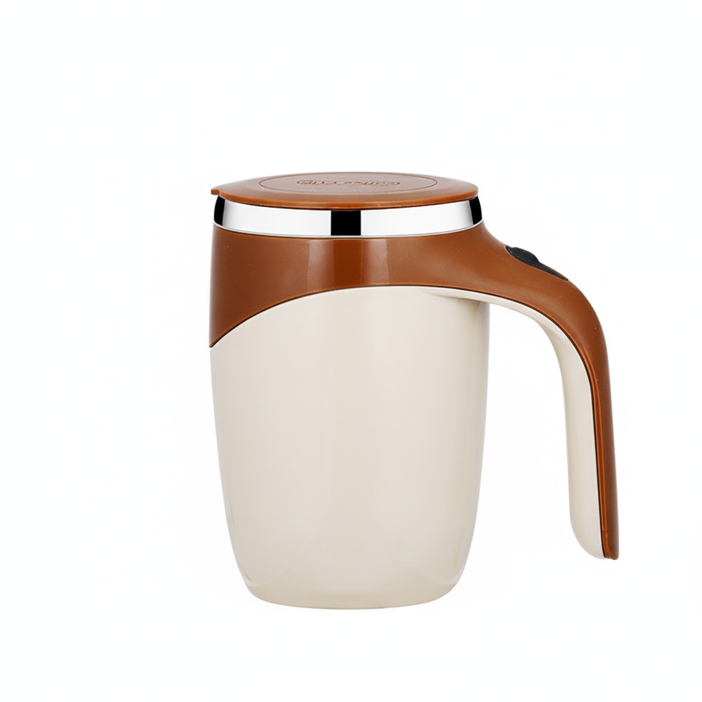 Coffee-colored automatic self-stirring mug with ergonomic handle.