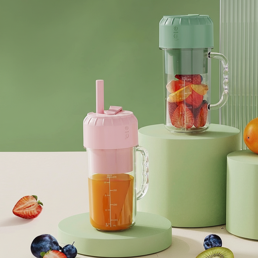 Blenders on kitchen counter blending fresh fruit juice.