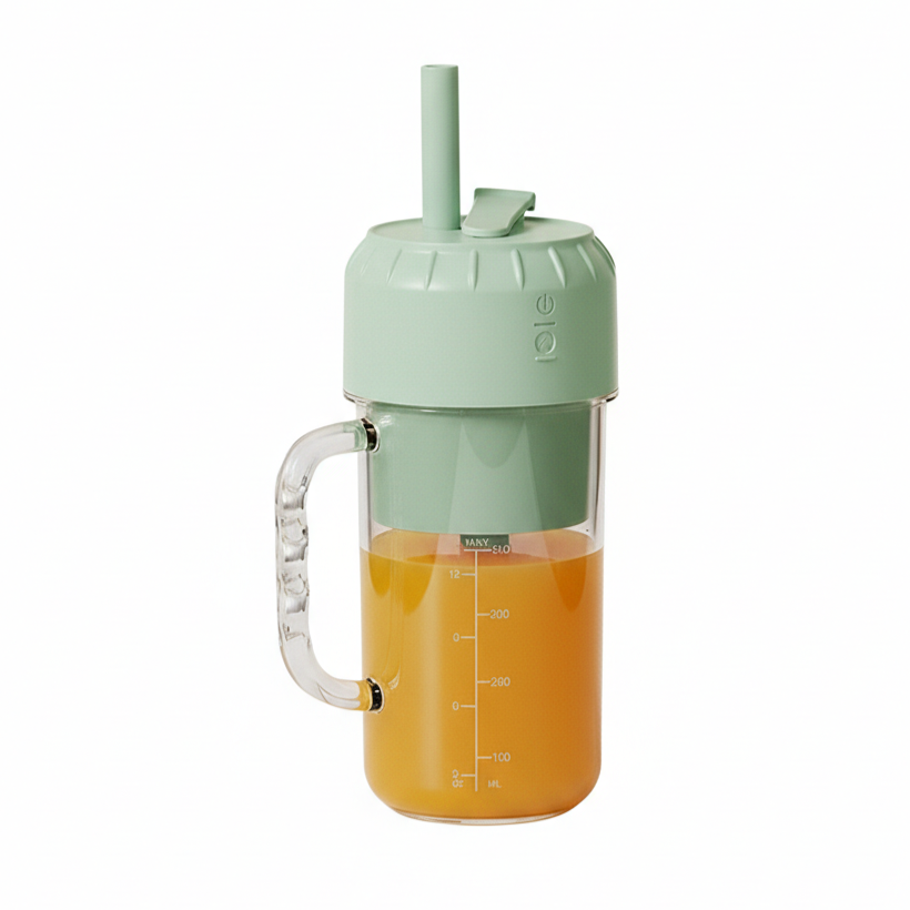 Portable blender with straw lid and ergonomic handle.